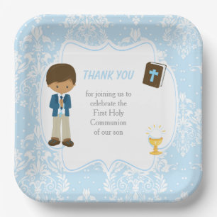 First Communion African American Boy Thank You Paper Plate