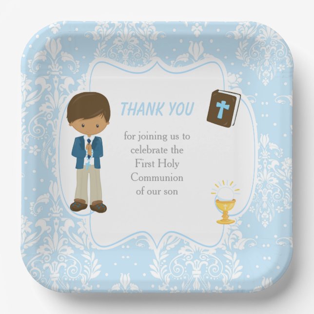 First Communion African American Boy Thank You Paper Plate (Front)