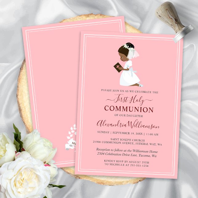 First Communion African American Girl Pink Invitation (First Communion African American Girl Pink Invitation)