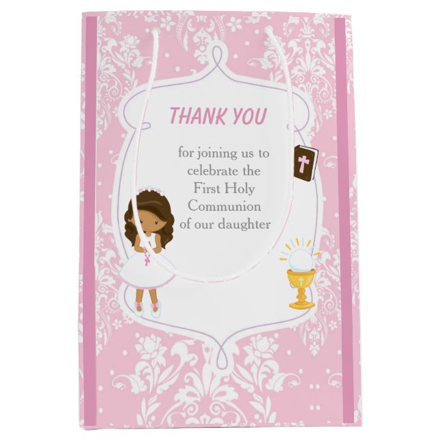 First Communion African American Girl Thank You Medium Gift Bag (Front)