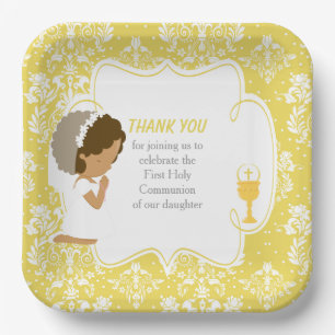 First Communion African American Gold Damask Paper Plate