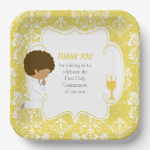 First Communion African American Gold Damask Paper Plate