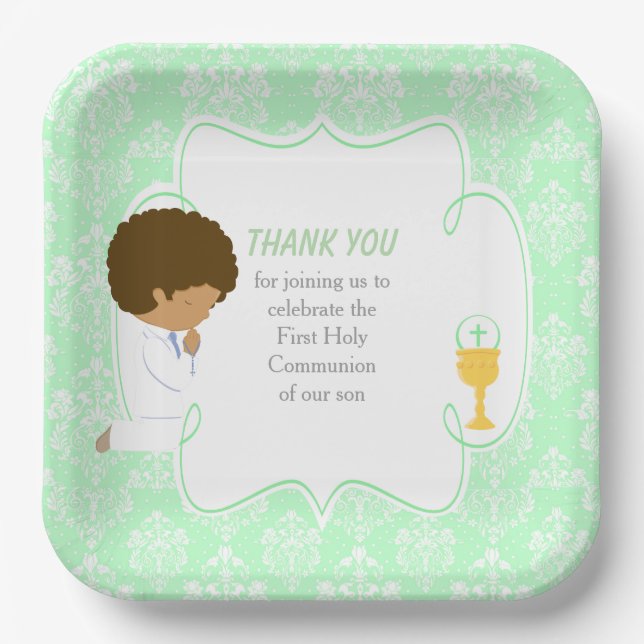 First Communion African American Green Damask Paper Plate (Front)