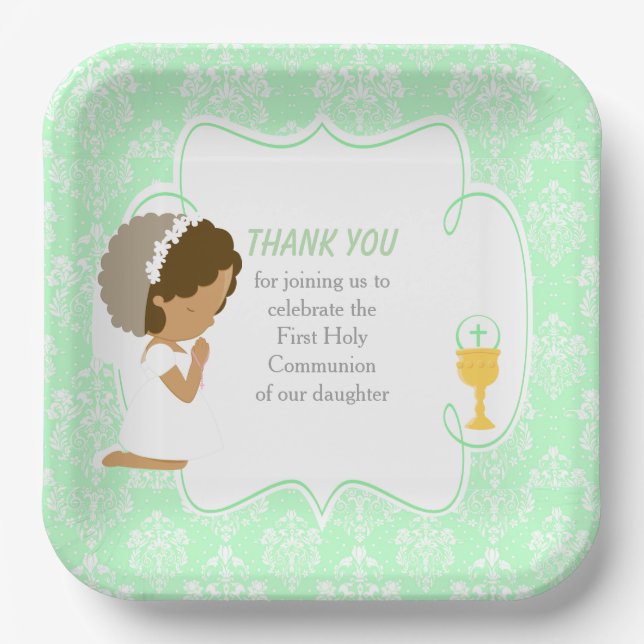 First Communion African American Green Damask Paper Plate (Front)