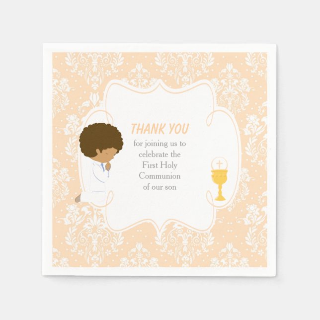 First Communion African American Peach Damask Napkin (Front)