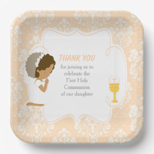 First Communion African American Peach Damask Paper Plate