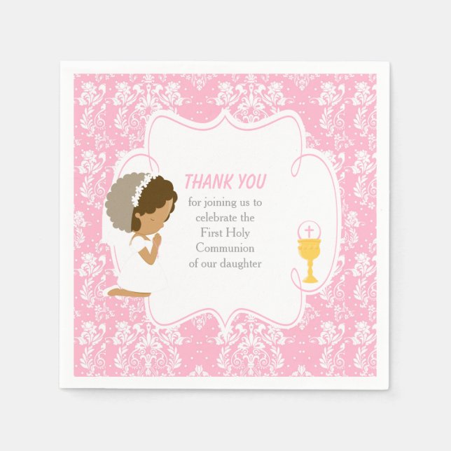 First Communion African American Pink Damask Napkin (Front)