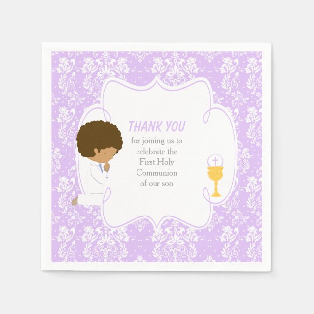 First Communion African American Purple Damask Napkin (Front)