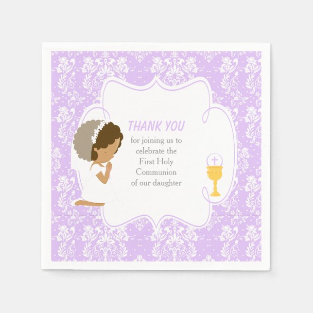 First Communion African American Purple Damask Napkin (Front)