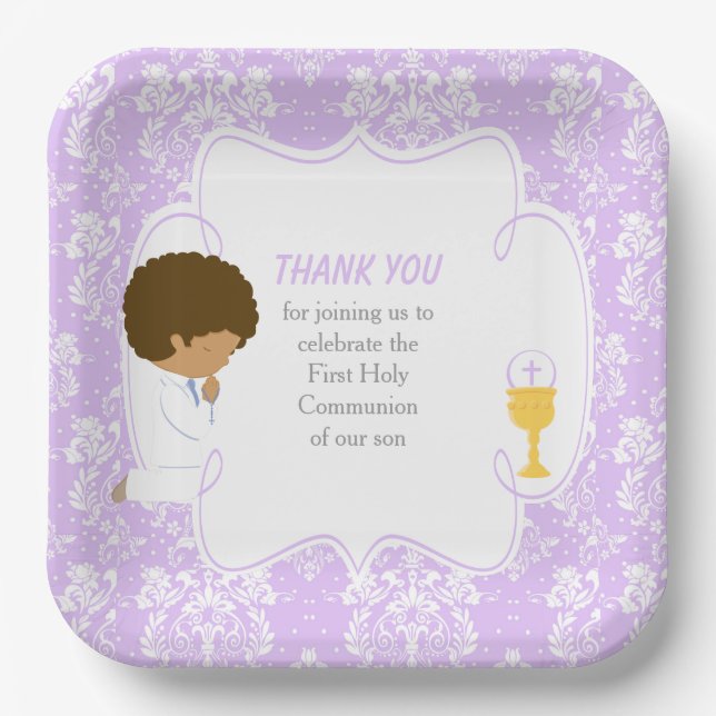 First Communion African American Purple Damask Paper Plate (Front)