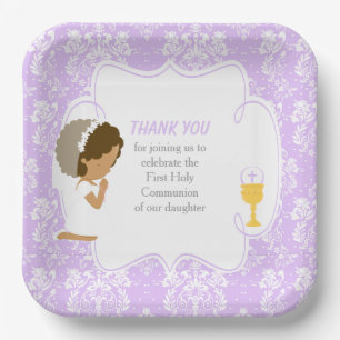 First Communion African American Purple Damask Paper Plate