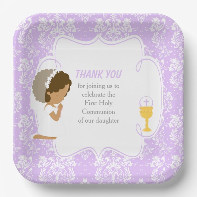 First Communion African American Purple Damask Paper Plate (Front)