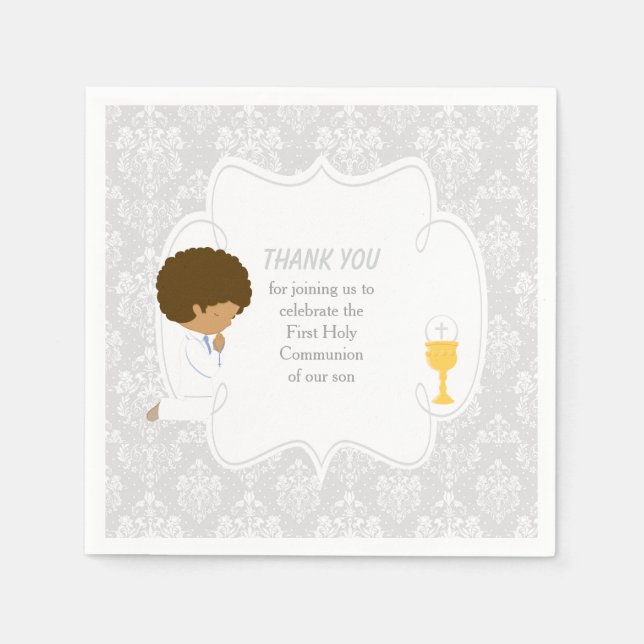 First Communion African American Silver Damask Napkin (Front)