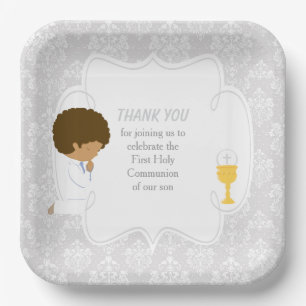 First Communion African American Silver Damask Paper Plate