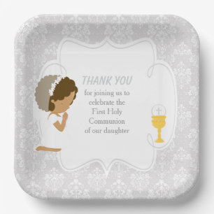 First Communion African American Silver Damask Paper Plate