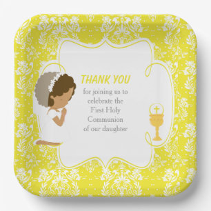 First Communion African American Yellow Damask Paper Plate