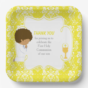 First Communion African American Yellow Damask Paper Plate