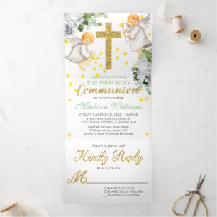 First Communion Angels Gold Gender Neutral Tri-Fold Invitation