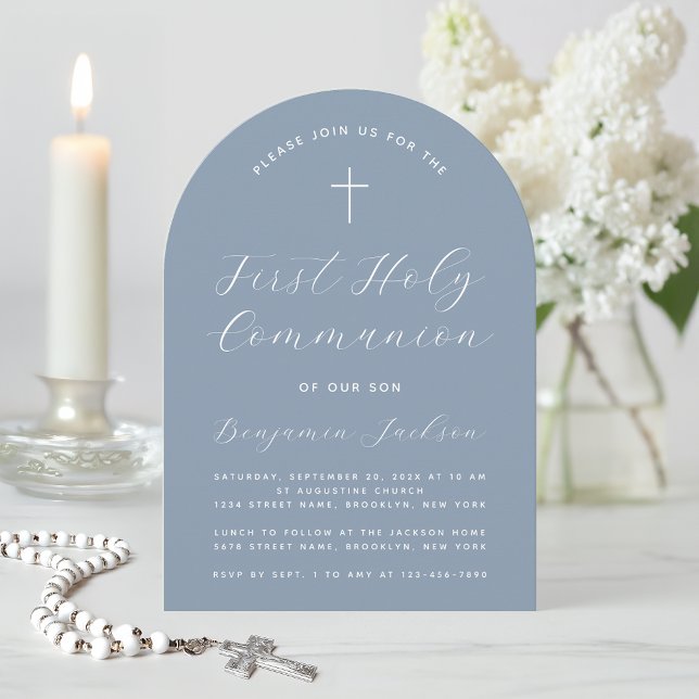 First Communion Arch Dusty Blue Modern Script Invitation (Creator Uploaded)