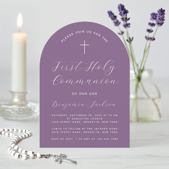First Communion Arch Dusty Purple Simple Script Invitation (Creator Uploaded)