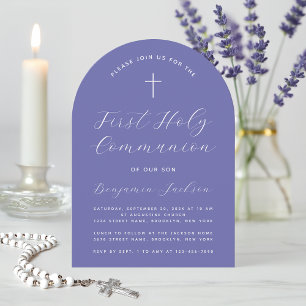 First Communion Arch Violet Modern Script & Cross Invitation