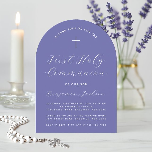 First Communion Arch Violet Modern Script & Cross Invitation (Creator Uploaded)