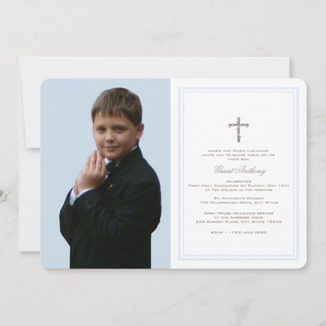 First Communion Baby Blue with Photo Invitation (Front)