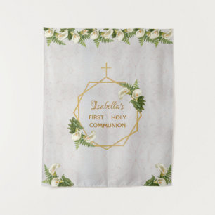 First Communion Backdrop Gold Marble Calla Lilies Tapestry