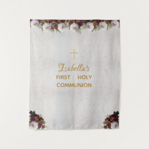 First Communion Backdrop   Marble Burgundy Peonies Tapestry