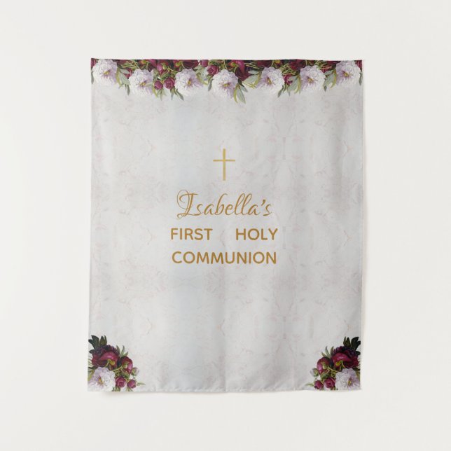 First Communion Backdrop | Marble Burgundy Peonies Tapestry (Front)