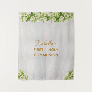 First Communion Backdrop Marble Gold Cross Lilies Tapestry