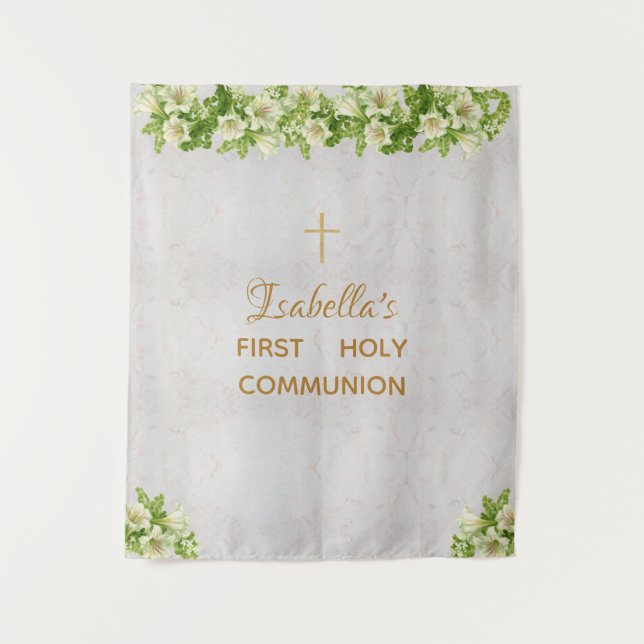 First Communion Backdrop Marble Gold Cross Lilies Tapestry (Front)
