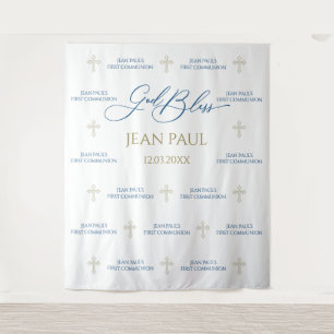 First Communion banner backdrop blue and gold Tapestry