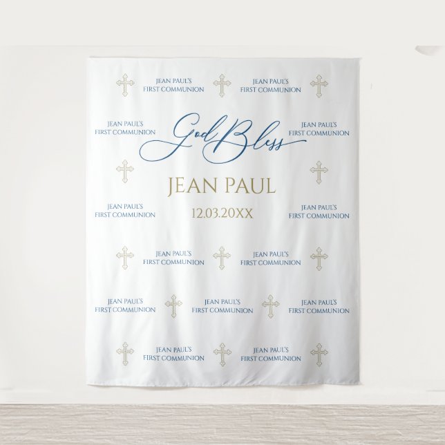 First Communion banner backdrop blue and gold Tapestry (Front)