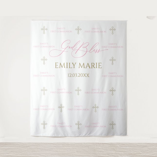 First Communion banner backdrop pink and gold Tapestry (Front)