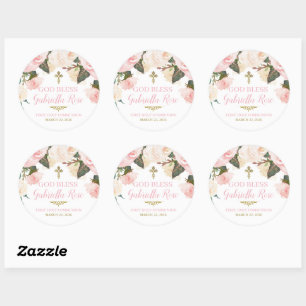 First Communion & Baptism, Pink Floral Gold Classic Round Sticker