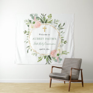 First communion baptism pink gold backdrop sign tapestry