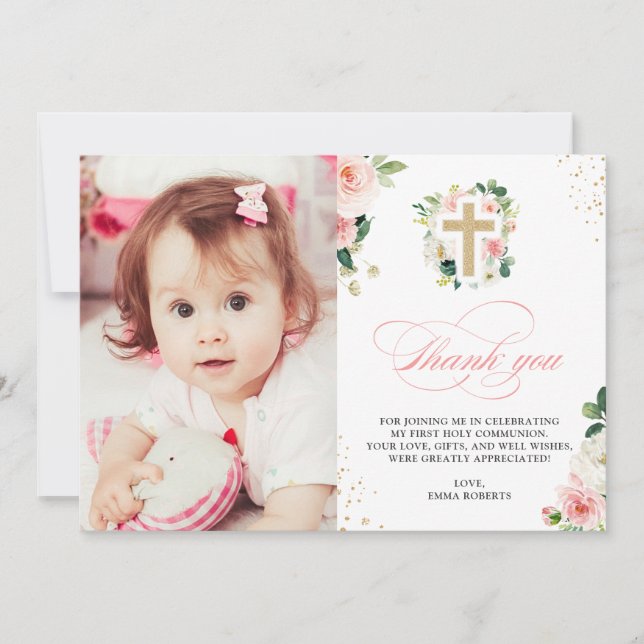 First Communion Baptism Religious Blush Pink Gold Thank You Card (Front)