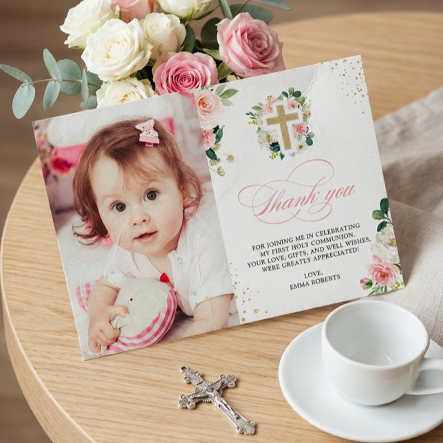 First Communion Baptism Religious Blush Pink Gold Thank You Card (Creator Uploaded)