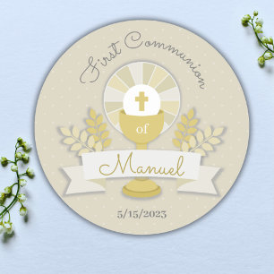 First communion, beige first communion classic round sticker