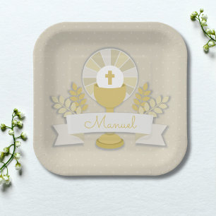First communion, beige first communion paper plate