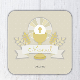 First communion, beige first communion square sticker