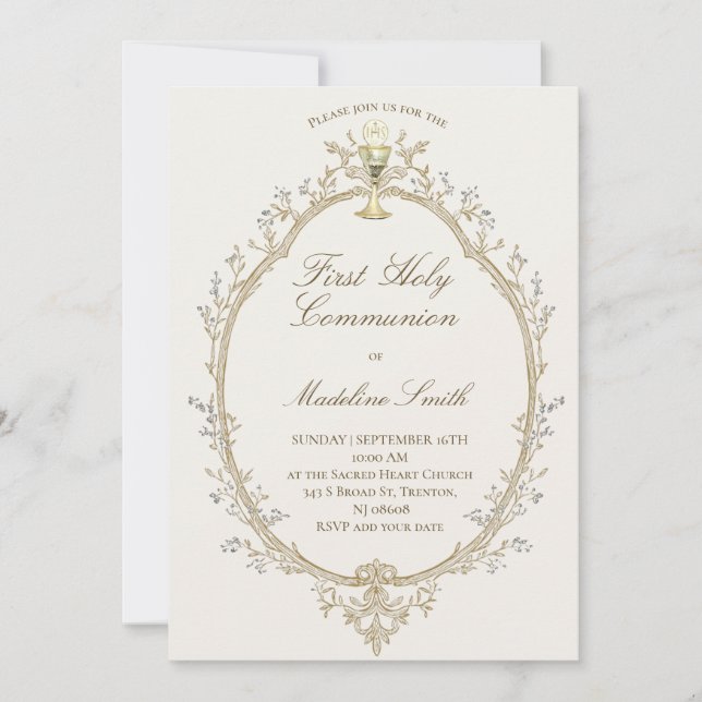 first communion beige frame invitation (Front)