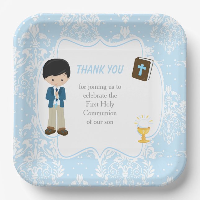 First Communion Black Hair Boy Thank You Paper Plate (Front)