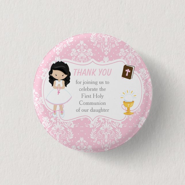 First Communion Black Hair Girl Thank You 3 Cm Round Badge (Front)