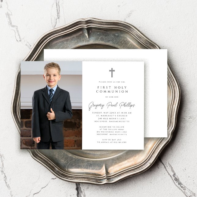 First Communion Black White Minimalist Boy Photo Invitation (Creator Uploaded)