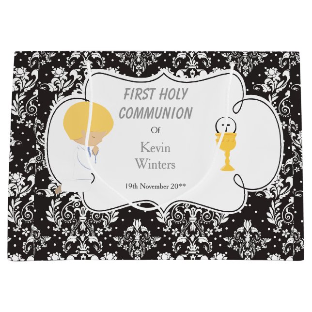 First Communion Blonde Boy Black Damask Large Gift Bag (Front)