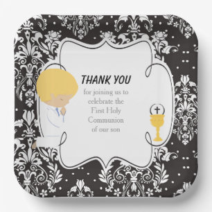 First Communion Blonde Boy Black Damask Paper Plate