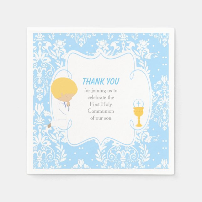 First Communion Blonde Boy Blue Damask Napkin (Front)