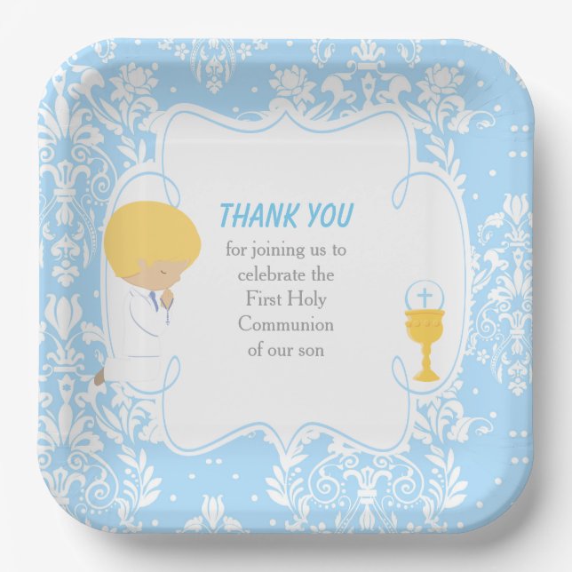 First Communion Blonde Boy Blue Damask Paper Plate (Front)